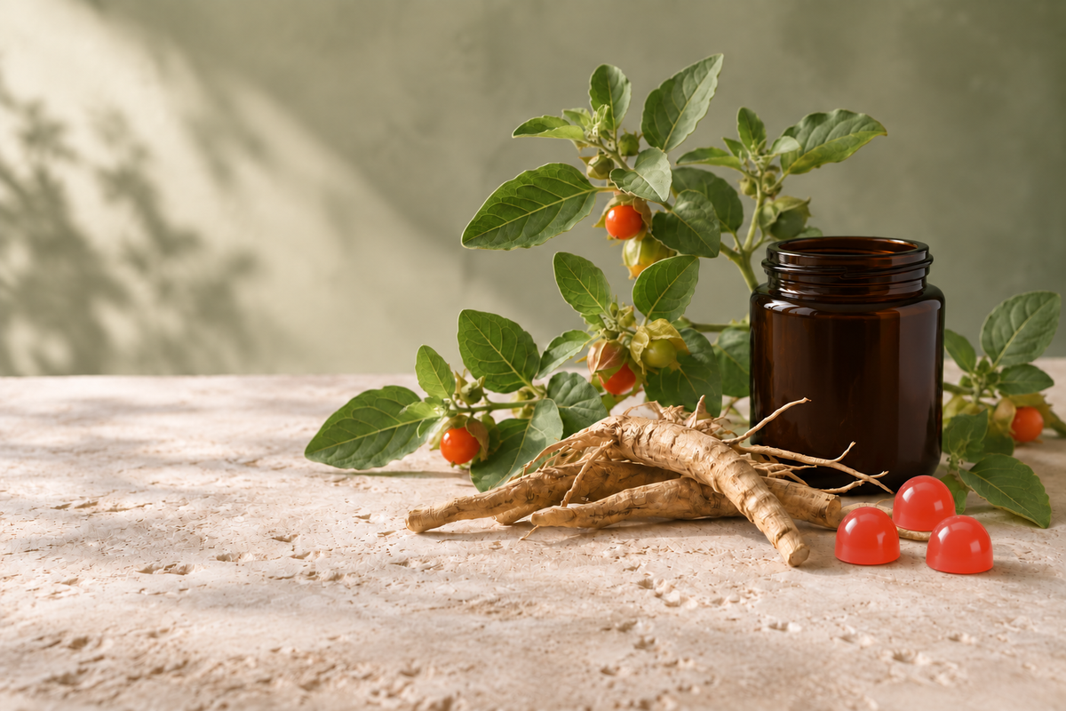 Ashwagandha-Pflanze, Wurzel und rote halbrunde Gummies als Titelbild