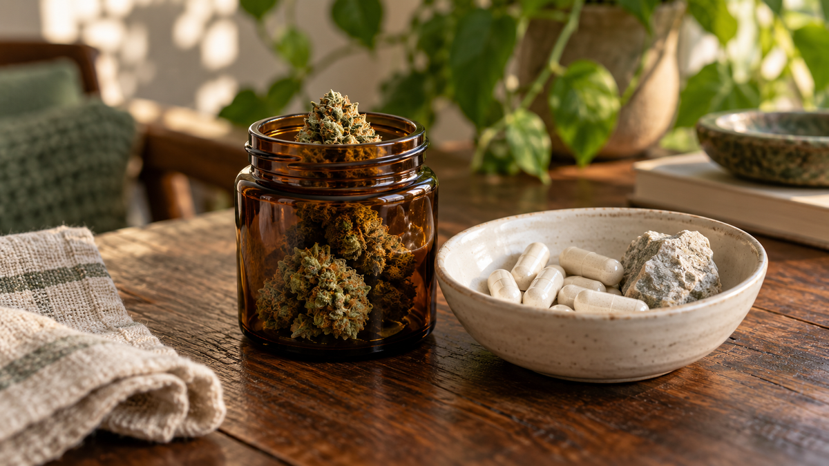 Cannabisblüten in einem Apothekerglas neben Magnesiumkapseln und einem Mineralstein auf einem Holztisch.