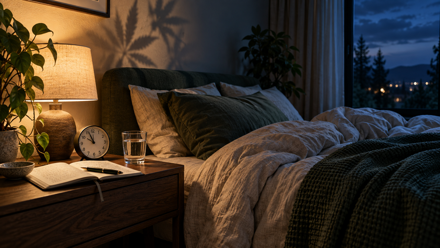 Ruhiges Schlafzimmer bei Nacht mit Schlafjournal, Uhr und warm-kühlem Licht als Symbol für Cannabis und Schlafqualität.