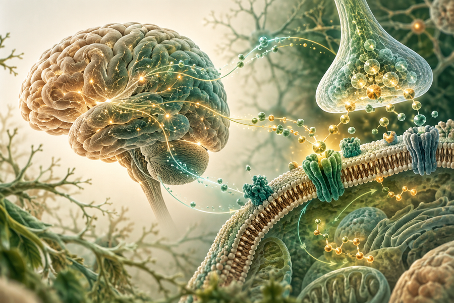 Editoriale wissenschaftliche Darstellung von Gehirn, Synapse, Rezeptoren und Zellmembran als Symbol für das Endocannabinoid-System