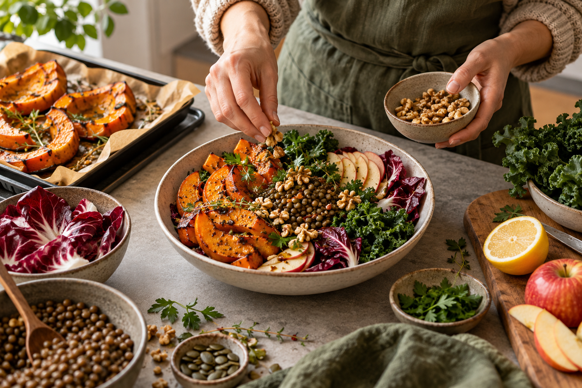 Saisonale Herbstmahlzeit mit Kürbis, Linsen, Radicchio, Grünkohl, Apfel und Walnüssen