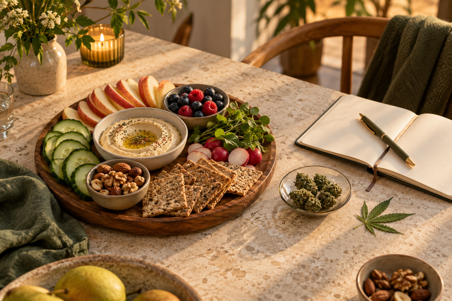 Ausgewogene Snacks, Wirkungsjournal und Cannabisblüten als Editorialbild zum Thema Cannabis und Appetit