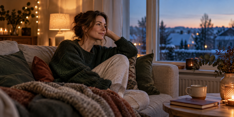 Frau sitzt an einem ruhigen Abend am Fenster, während draußen der Herbst in die Winterzeit übergeht