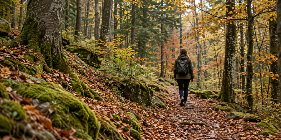 Person geht langsam durch einen herbstlichen Wald – Editorialbild zum Waldbaden