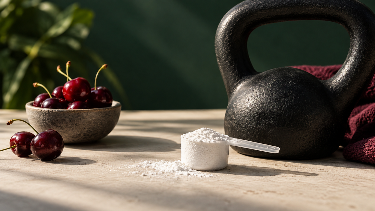 Kreatin-Monohydrat, Kirschen und Kettlebell als Symbol für kurze intensive Belastung