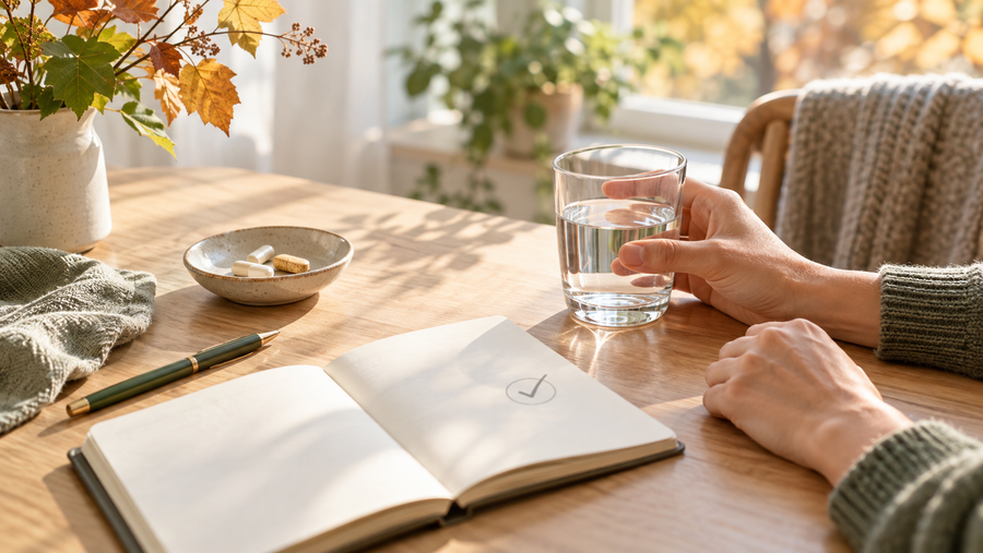 Ruhige Morgenroutine mit Wasser, Notizbuch und neutralen Nahrungsergänzungsformen