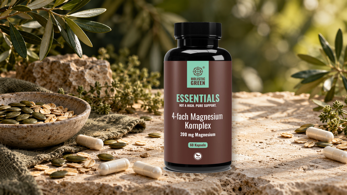 ESSENTIALS – Magnesium 4fach Komplex von HOLISTIC GREEN in natürlicher Still-Life-Szene mit Kapseln, Kürbiskernen und Haferflocken