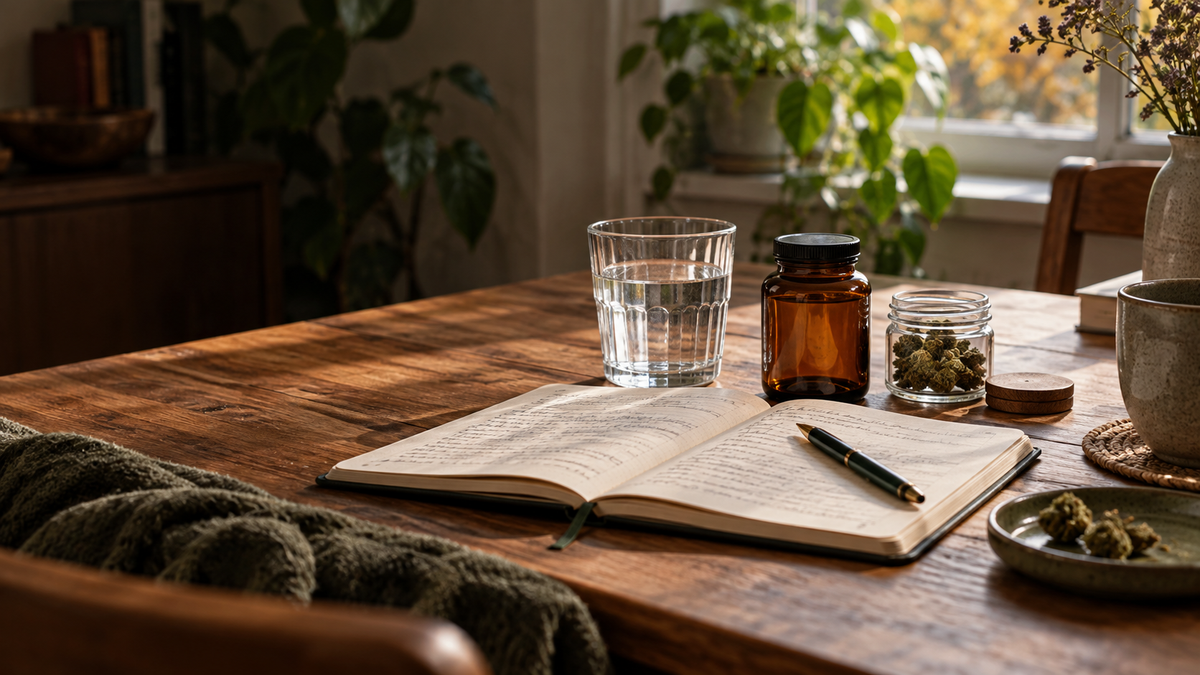 Medizinisches Cannabis im Alltag: Wirkungsjournal, Wasser und neutrales Apothekenglas in natürlicher Alltagsszene