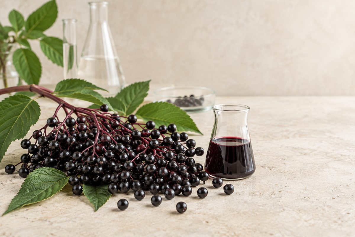 Reife schwarze Holunderbeeren mit dunklem Holunderbeerenauszug in einer hellen Laborumgebung