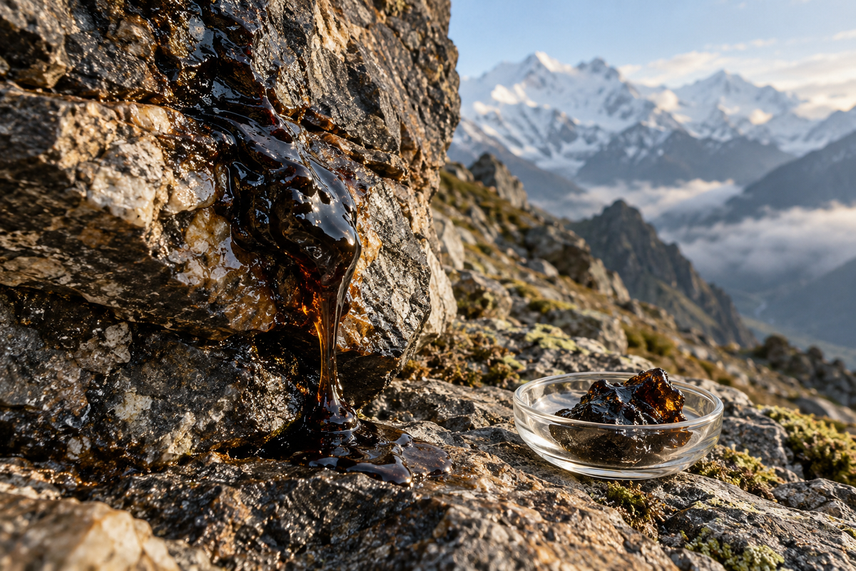 Shilajit-Harz an mineralischem Berggestein mit Probe in einer Glasschale