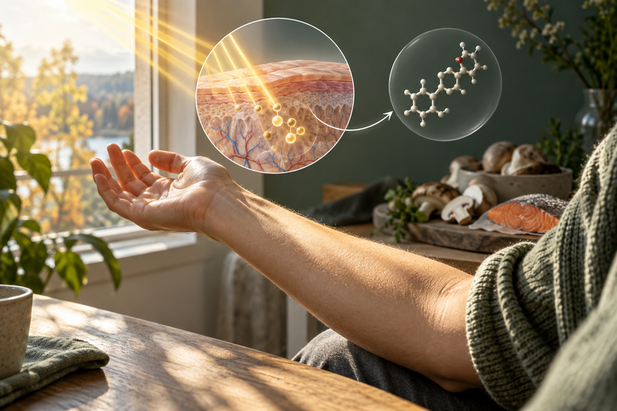 Unterarm im Herbstlicht mit wissenschaftlicher Darstellung der Vitamin-D-Bildung in der Haut