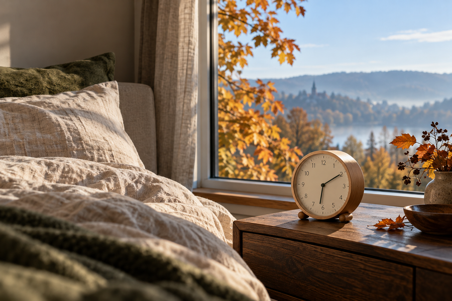 Holzwecker neben einem Bett am Fenster mit herbstlichem Tageslicht